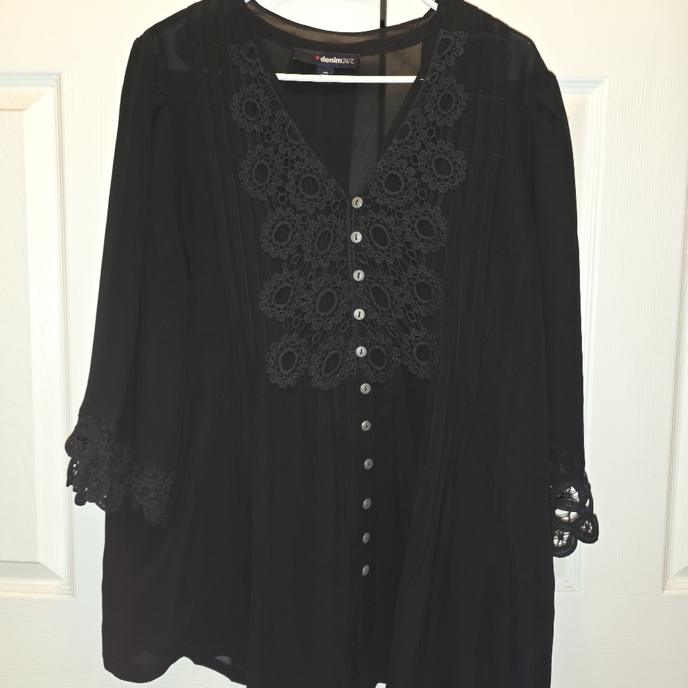 Denim 24/7 Black Pintuck Crochet Button Blouse Shirt
